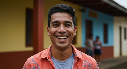 Smiling Man in Front of Colorful Buildings