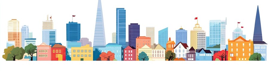 Vibrant cityscape panorama featuring diverse architecture, from skyscrapers to charming houses, interspersed with lush greenery