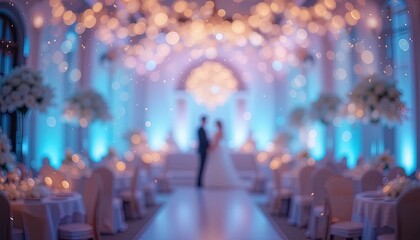 Blurred view of a wedding reception hall with soft lighting and decorations.