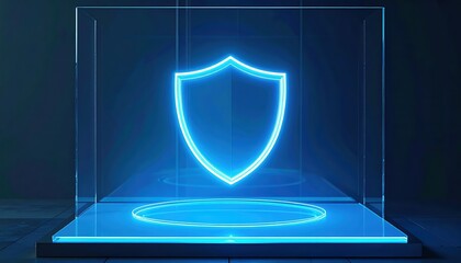 futuristic glowing shield icon illuminated in neon blue on transparent display with dark background representing digital security and protection concept