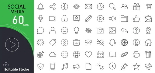 Social media related icon collections. Containing network, share, like, comment, follow, message, post, hashtag, notification, and profile icons. Editable Stroke.