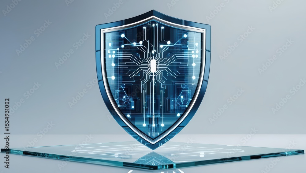 Poster highly detailed digital shield icon representing cybersecurity protection technology with futuristic