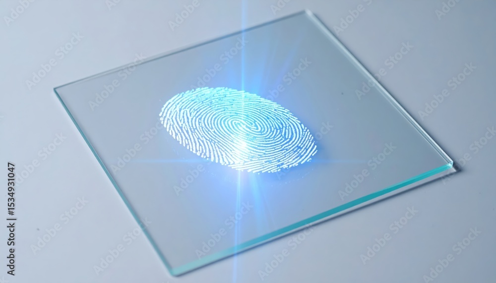 Poster transparent rectangular glass panel with illuminated blue fingerprint pattern hologram projection on