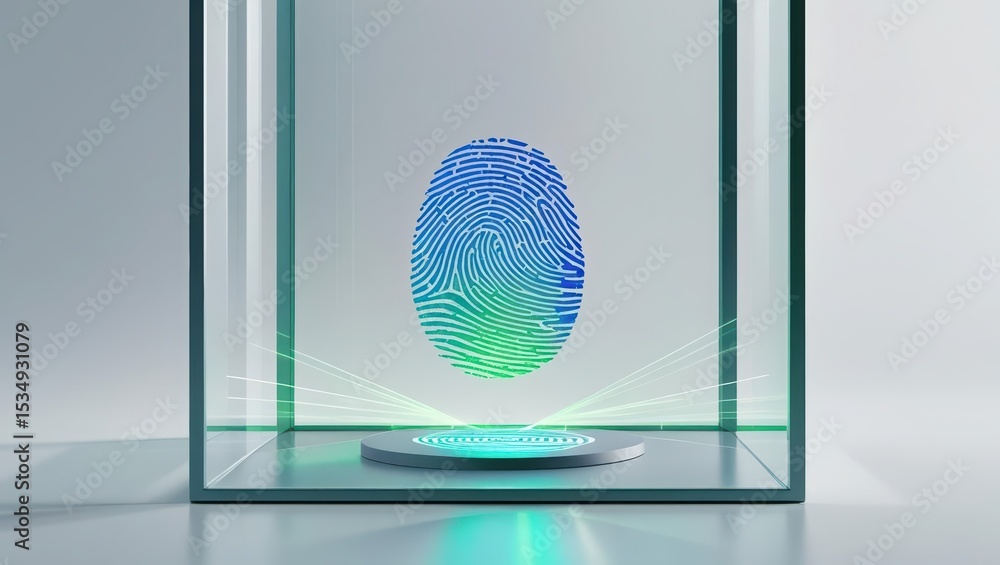 Poster high tech biometric fingerprint scanner enclosed in a transparent glass case with glowing lights for