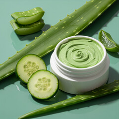 Natural Botanical Skincare Flat Lay with Green Face Mask Jar, Fresh Sliced Cucumber, Spa Self-Care Beauty Products, Organic Hydrating Clay Mask and Herbal Wellness Elements on Soft Green Background