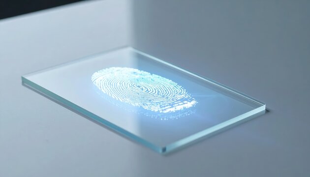 Modern interactive touch screen tablet displaying illuminated fingerprint scanner surface with digital biometric data on a sleek white background