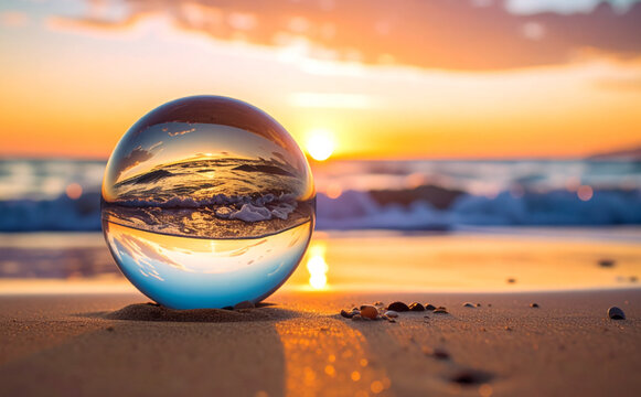  Sunset Reflected in Crystal Ball on the Beach