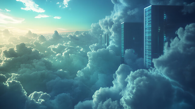 Skyscrapers Emerging from Clouds at Sunset