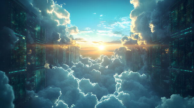 Digital Towers Emerging from Clouds at Sunset