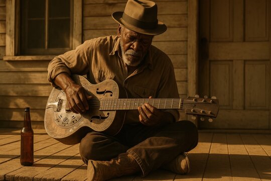 Blues Serenade: An older person, seated on a weathered porch, pours his heart into a soulful blues melody, the strings of a vintage guitar resonating with stories of the past.