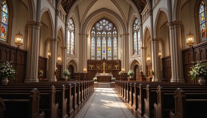 Fototapeta premium Grand church interior with stained glass windows and pews.