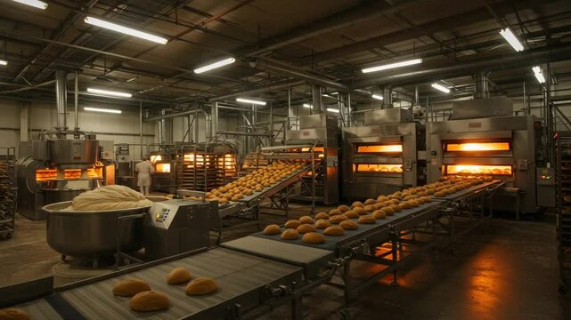 Bakery production line with fresh bread baking in ovens