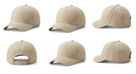 Beige Baseball Cap Mockup Set, Six Views: Front, Back, Side - Isolated on White Background