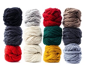 Twelve color collection of wool knitting on white background.