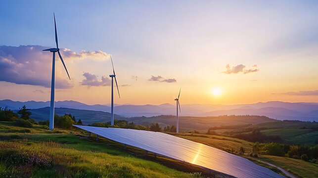 Solar Panels and Wind Turbines at Sunset in a Rolling Landscape