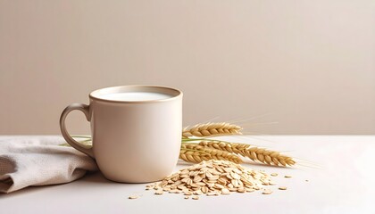 A warm cup of oat milk with oats and wheat