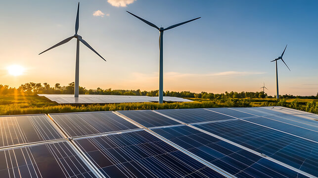 Solar Panels and Wind Turbines at Sunset
