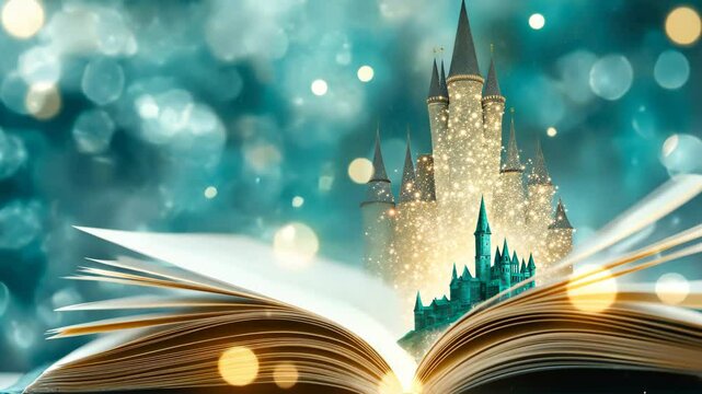 Magic Castle from Open Book: The open book reveals a stunning magic castle in a soft dreamy world with bokeh.