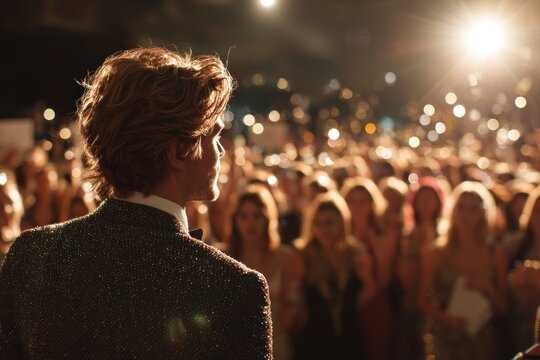 Man in Suit at Night Event  Crowd  Spotlight  Backlit