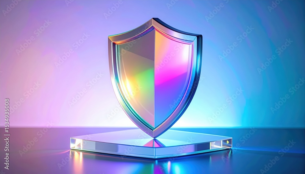 Poster vibrant shield sculpture with multi-colored reflective surfaces on a modern transparent base emphasi