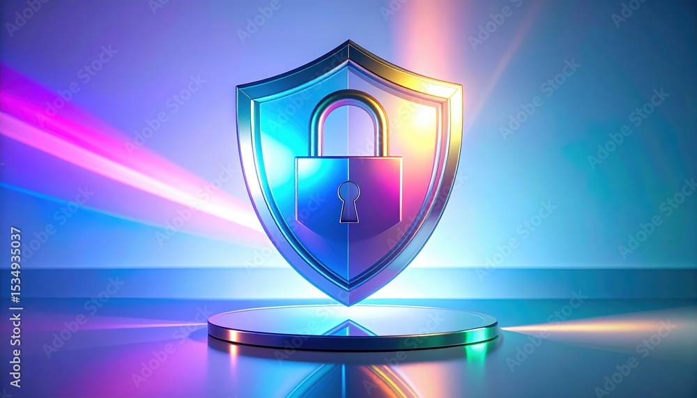 Poster vibrant illuminated shield with lock icon representing digital security encryption and cybersecurity