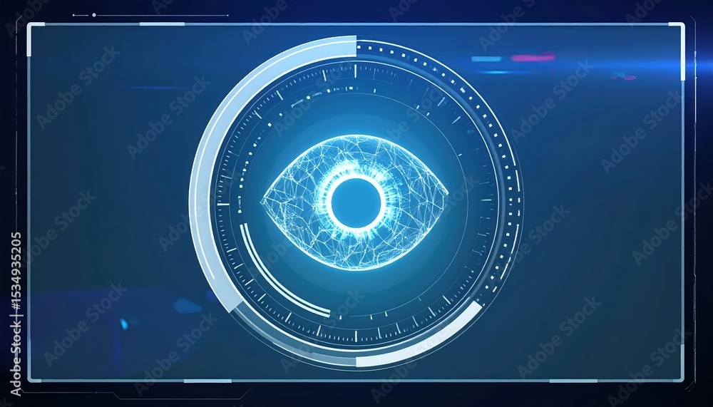 Poster futuristic digital eye scan interface with holographic elements and glowing blue circular patterns f