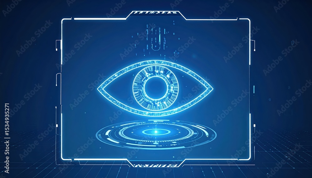 Poster futuristic digital eye interface hologram technology glowing blue high tech cyber security concept f