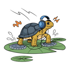 Cartoon turtle DJ with headphones spinning records on lily pads, creating a fun and whimsical scene.
