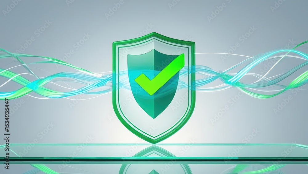 Poster digital security shield with check mark symbol representing protection, cybersecurity, data safety, 