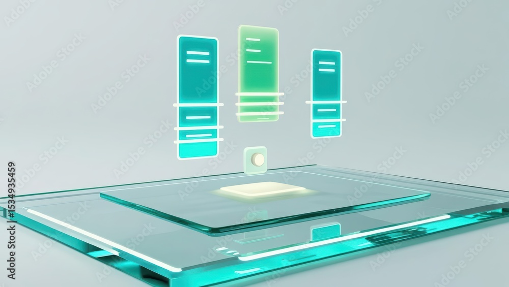 Poster futuristic digital data exchange concept with holographic floating screens and glowing platform in a