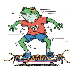 Cartoon frog character skateboarding on a board covered with spaghetti.