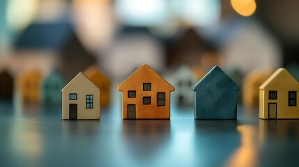 Miniature houses arranged in a row on a reflective surface, symbolizing real estate or housing market concepts.