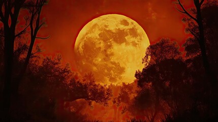 Fiery orange full moon rising above a dark, silhouetted forest