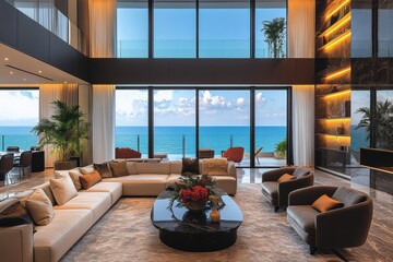 A spacious coastal living room with panoramic ocean views and natural lighting for peaceful living