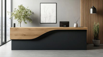 Fototapeta premium Reception counter mockup Modern style front interior registration copy space desk design indoor decoration front view Black counter wood material monitor green plant decor