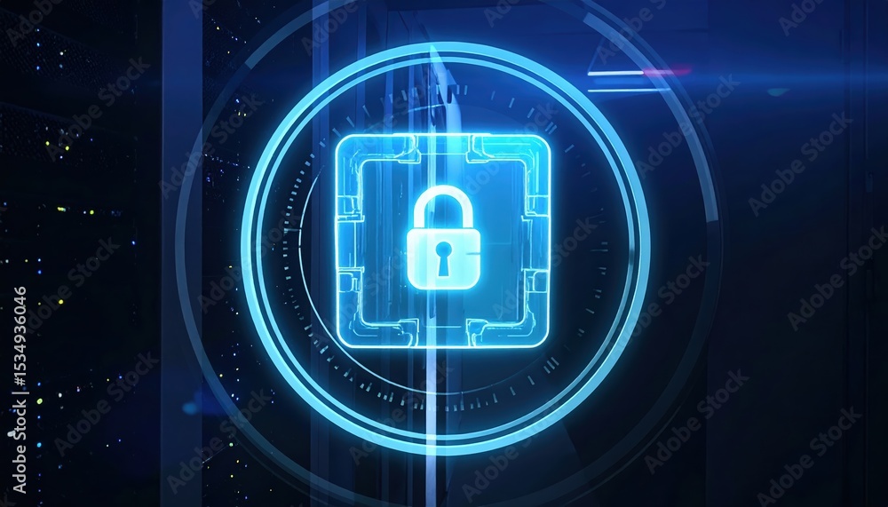 Poster futuristic digital security lock icon with glowing blue circuit lines representing data protection a