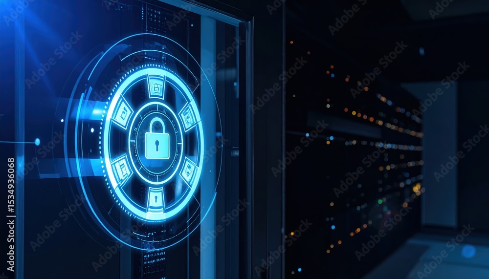 Poster advanced digital security interface showing a futuristic lock screen with holographic elements and d