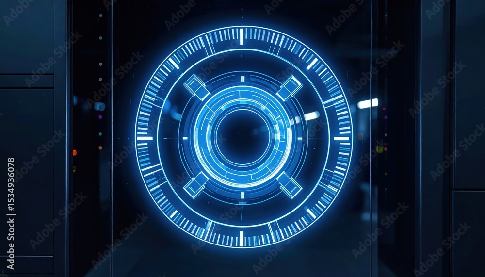 Poster futuristic digital interface display with glowing blue circular hud elements and data graphics highl