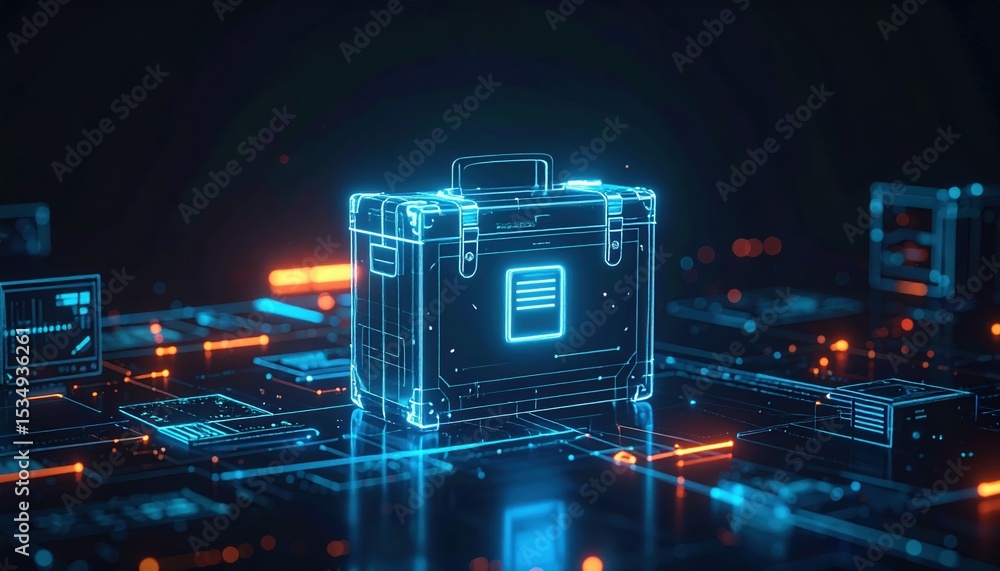 Poster futuristic digital glowing briefcase with circuit board elements on dark background representing tec