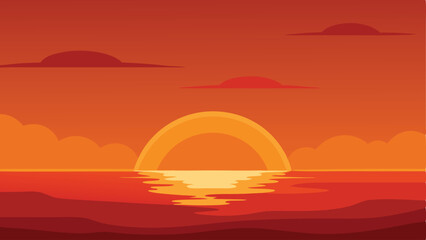 Abstract sunset landscape depicting orange sky sea and clouds in flat vector illustration