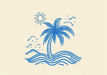 A minimalist line art illustration of a tropical island scene with a palm tree, sun, and ocean waves