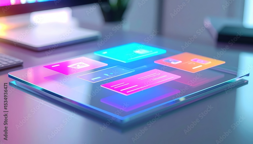 Poster modern transparent touchscreen device displaying colorful digital interface with app icons on a slee