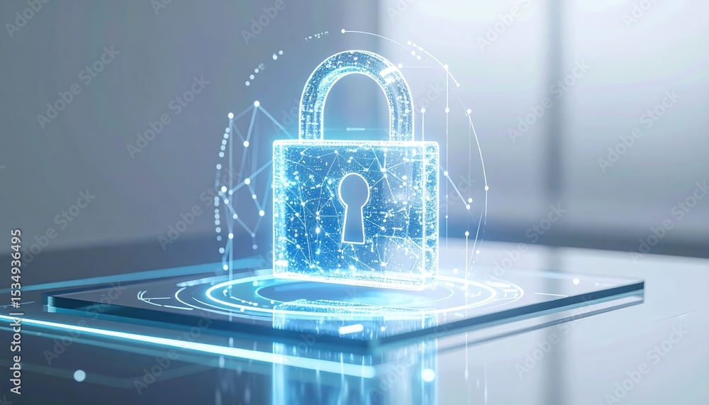 Poster digital security lock symbol with holographic glowing lock on futuristic transparent screen for cybe