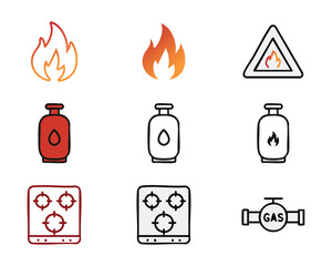 Icon set with gas, fire, gas cylinder