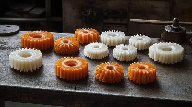 Orange and white gears on metal surface