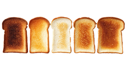 Five slices of toast showing different toasting levels on transparent background
