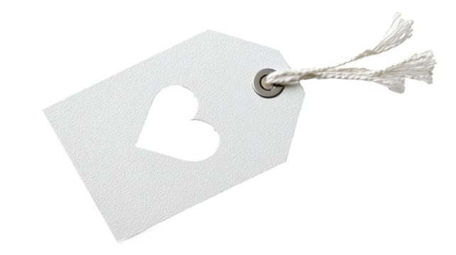White paper gift tag with heart-shaped cutout and string on transparent background