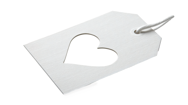 White paper gift tag with heart-shaped cutout and string on transparent background - Powered by Adobe