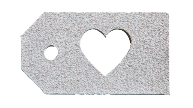 White paper gift tag with heart-shaped cutout and string on transparent background