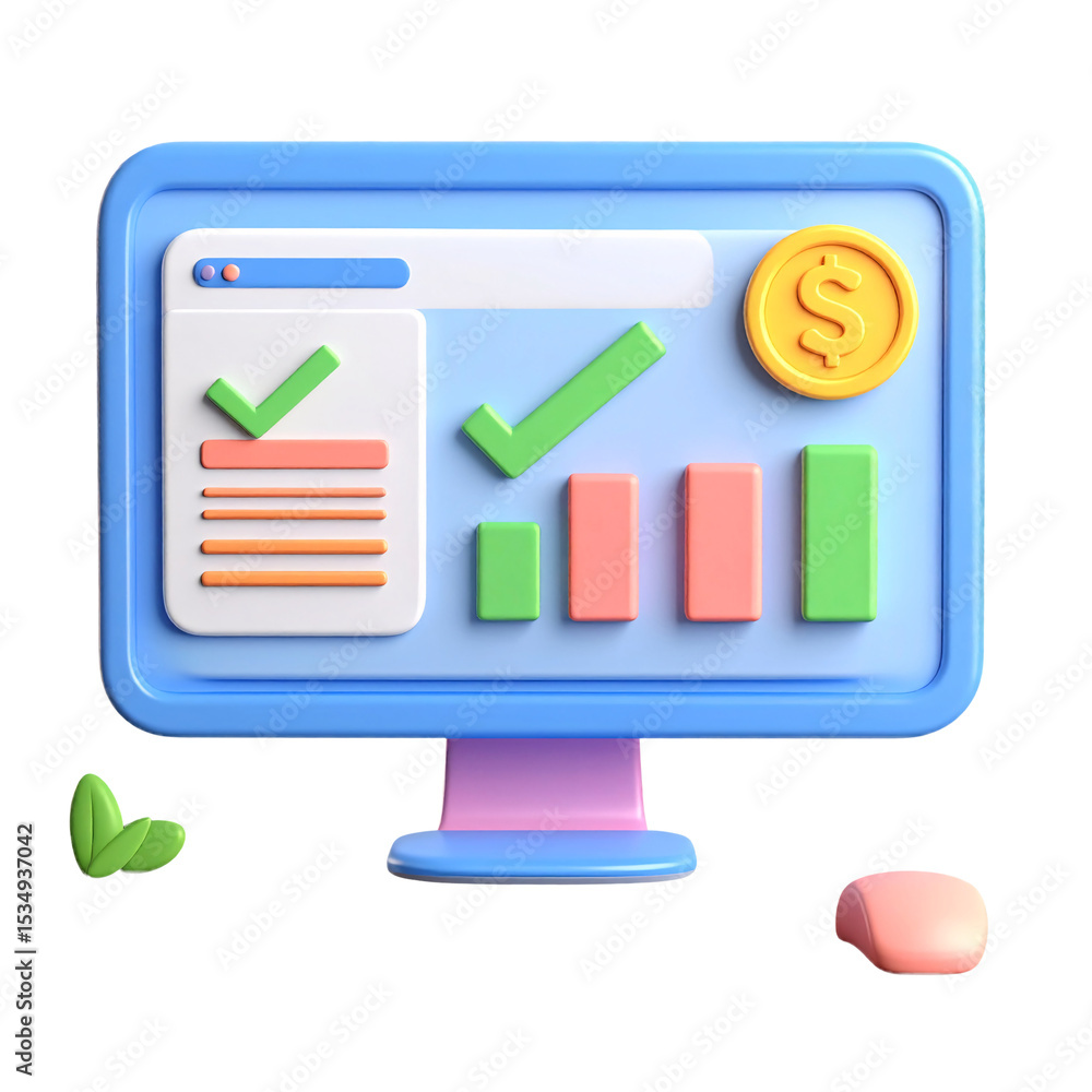 Poster 3d financial dashboard on computer monitor icon – transparent